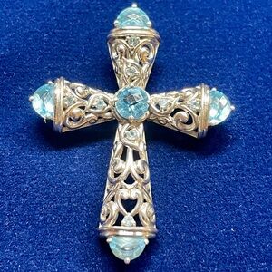 Judith Ripka Elegant Blue Topaz 925 Silver Filigree Cross Pendant Retired